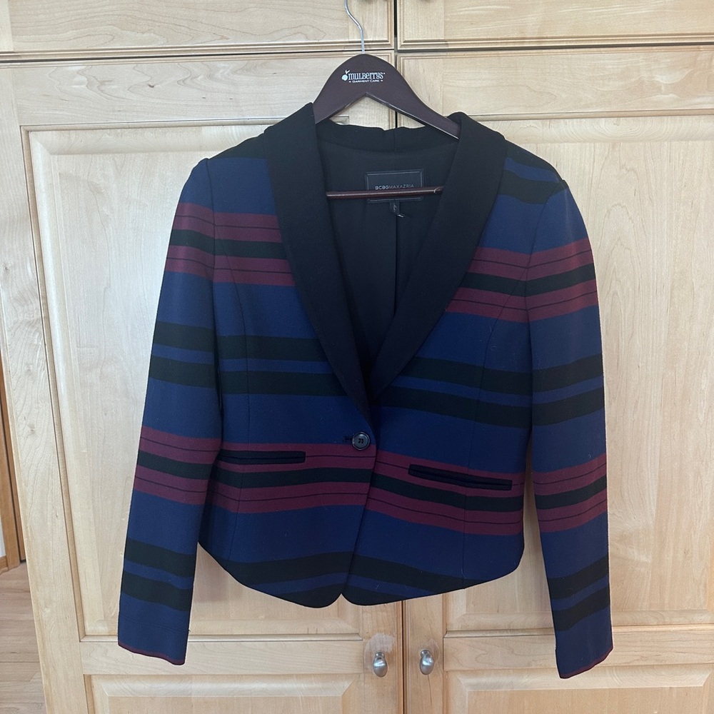 BCBGMaxAzria Navy and Burgundy Striped Blazer